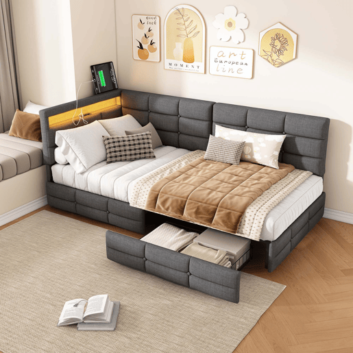Cama de 90x200 cm em tecido cinza, com cabeceira, LED integrado, porta USB, gaveta e estrado de ripas Cama de 90x200 cm em tecido cinza, com cabeceira, LED integrado, porta USB, gaveta e estrado de ripas