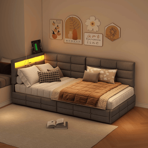 Cama de 90x200 cm em tecido cinza, com cabeceira, LED integrado, porta USB, gaveta e estrado de ripas Cama de 90x200 cm em tecido cinza, com cabeceira, LED integrado, porta USB, gaveta e estrado de ripas