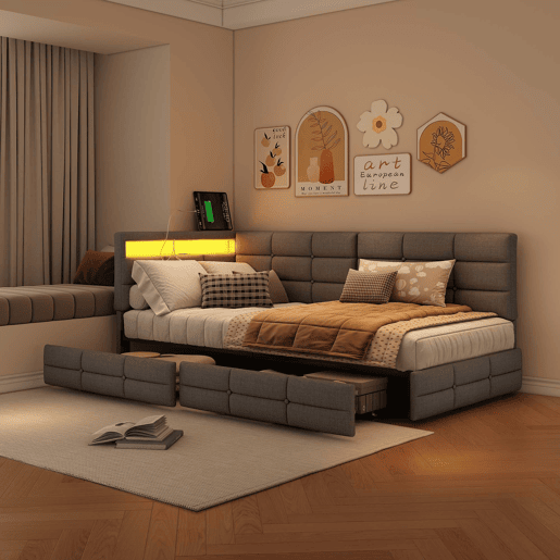 Cama de 90x200 cm em tecido cinza, com cabeceira, LED integrado, porta USB, gaveta e estrado de ripas Cama de 90x200 cm em tecido cinza, com cabeceira, LED integrado, porta USB, gaveta e estrado de ripas