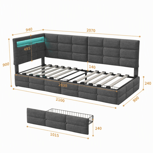 Cama de 90x200 cm em tecido cinza, com cabeceira, LED integrado, porta USB, gaveta e estrado de ripas Cama de 90x200 cm em tecido cinza, com cabeceira, LED integrado, porta USB, gaveta e estrado de ripas