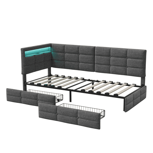 Cama de 90x200 cm em tecido cinza, com cabeceira, LED integrado, porta USB, gaveta e estrado de ripas Cama de 90x200 cm em tecido cinza, com cabeceira, LED integrado, porta USB, gaveta e estrado de ripas