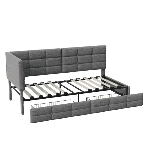 Cama de 90x200 cm em tecido cinza, com cabeceira, LED integrado, porta USB, gaveta e estrado de ripas Cama de 90x200 cm em tecido cinza, com cabeceira, LED integrado, porta USB, gaveta e estrado de ripas