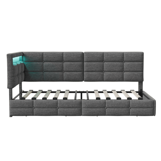 Cama de 90x200 cm em tecido cinza, com cabeceira, LED integrado, porta USB, gaveta e estrado de ripas Cama de 90x200 cm em tecido cinza, com cabeceira, LED integrado, porta USB, gaveta e estrado de ripas