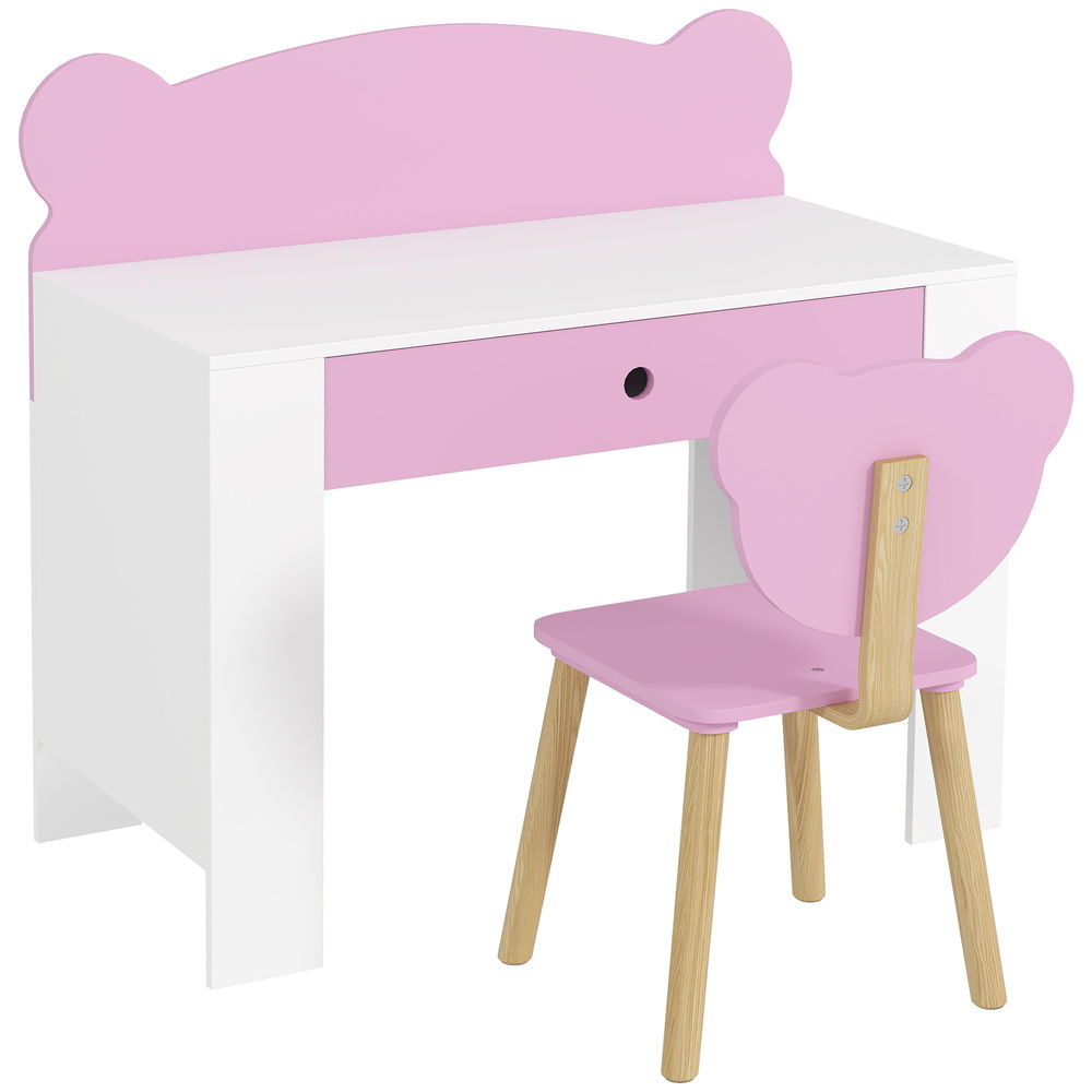 Aiyaplay escritorio infantil con silla en forma de osito pupitre infantil con cajón para estudiar leer y dibujar mesa para niños para dormitorio sala estudio rosa