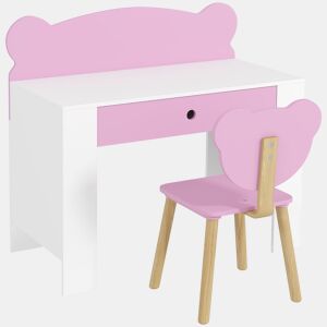 AIYAPLAY Secretária para Crianças com Cadeira em Forma de Ursinho Secretária Infantil com Gaveta para Estudar Ler e Desenhar Mesa para Crianças para Dormitório Branco e Rosa