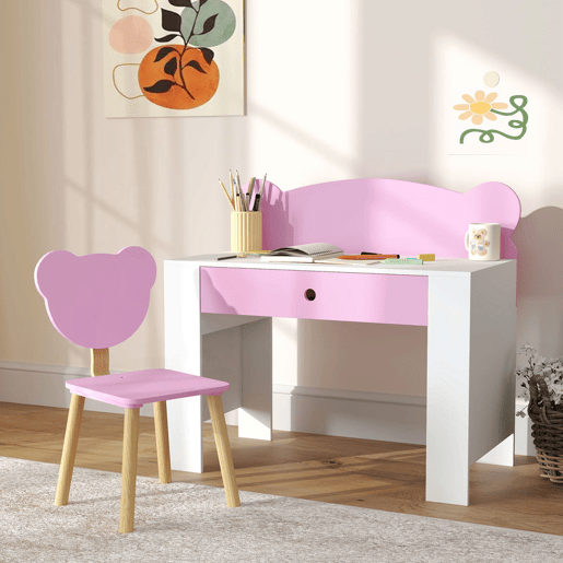 AIYAPLAY Secretária para Crianças com Cadeira em Forma de Ursinho Secretária Infantil com Gaveta para Estudar Ler e Desenhar Mesa para Crianças para Dormitório Branco e Rosa AIYAPLAY Secretária para Crianças com Cadeira em Forma de Ursinho Secretária Infantil com Gaveta para Estudar Ler e Desenhar Mesa para Crianças para Dormitório Branco e Rosa