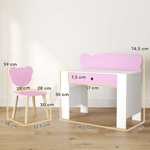 AIYAPLAY Secretária para Crianças com Cadeira em Forma de Ursinho Secretária Infantil com Gaveta para Estudar Ler e Desenhar Mesa para Crianças para Dormitório Branco e Rosa AIYAPLAY Secretária para Crianças com Cadeira em Forma de Ursinho Secretária Infantil com Gaveta para Estudar Ler e Desenhar Mesa para Crianças para Dormitório Branco e Rosa