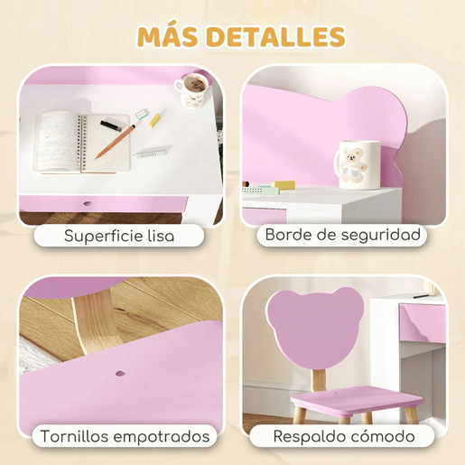 AIYAPLAY Secretária para Crianças com Cadeira em Forma de Ursinho Secretária Infantil com Gaveta para Estudar Ler e Desenhar Mesa para Crianças para Dormitório Branco e Rosa AIYAPLAY Secretária para Crianças com Cadeira em Forma de Ursinho Secretária Infantil com Gaveta para Estudar Ler e Desenhar Mesa para Crianças para Dormitório Branco e Rosa