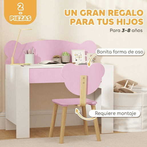 AIYAPLAY Secretária para Crianças com Cadeira em Forma de Ursinho Secretária Infantil com Gaveta para Estudar Ler e Desenhar Mesa para Crianças para Dormitório Branco e Rosa AIYAPLAY Secretária para Crianças com Cadeira em Forma de Ursinho Secretária Infantil com Gaveta para Estudar Ler e Desenhar Mesa para Crianças para Dormitório Branco e Rosa