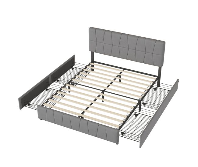 Cama de 160x200 cm con cabecero tapizado regulable en altura y 4 cajones, color gris
