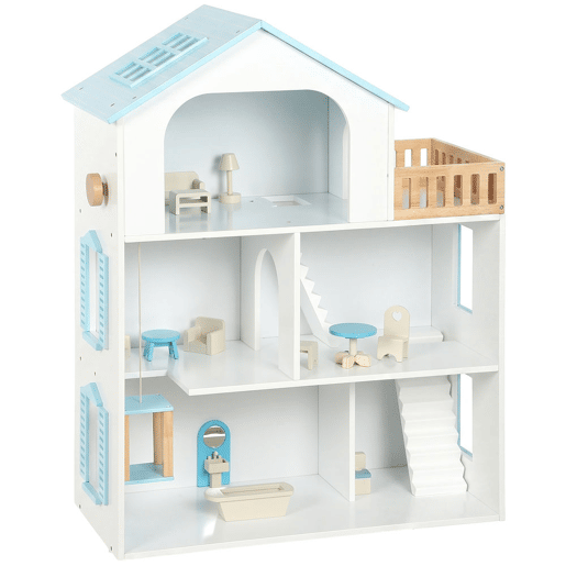 AIYAPLAY Casa de Bonecas de Madeira com 3 Pisos, Elevador e Varanda, 5 Divisões e 13 Móveis, Brinquedo de Imitação para Crianças dos 3 aos 6 Anos, Azul AIYAPLAY Casa de Bonecas de Madeira com 3 Pisos, Elevador e Varanda, 5 Divisões e 13 Móveis, Brinquedo de Imitação para Crianças dos 3 aos 6 Anos, Azul