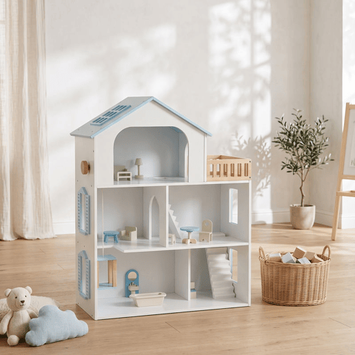 AIYAPLAY Casa de Bonecas de Madeira com 3 Pisos, Elevador e Varanda, 5 Divisões e 13 Móveis, Brinquedo de Imitação para Crianças dos 3 aos 6 Anos, Azul AIYAPLAY Casa de Bonecas de Madeira com 3 Pisos, Elevador e Varanda, 5 Divisões e 13 Móveis, Brinquedo de Imitação para Crianças dos 3 aos 6 Anos, Azul