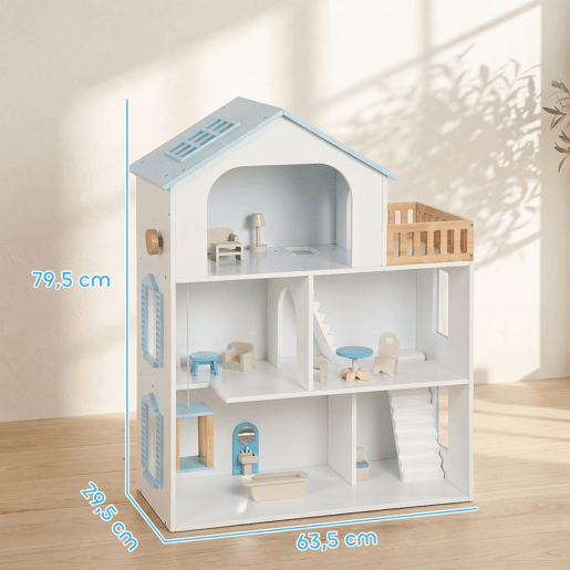 AIYAPLAY Casa de Bonecas de Madeira com 3 Pisos, Elevador e Varanda, 5 Divisões e 13 Móveis, Brinquedo de Imitação para Crianças dos 3 aos 6 Anos, Azul AIYAPLAY Casa de Bonecas de Madeira com 3 Pisos, Elevador e Varanda, 5 Divisões e 13 Móveis, Brinquedo de Imitação para Crianças dos 3 aos 6 Anos, Azul