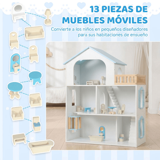 AIYAPLAY Casa de Bonecas de Madeira com 3 Pisos, Elevador e Varanda, 5 Divisões e 13 Móveis, Brinquedo de Imitação para Crianças dos 3 aos 6 Anos, Azul AIYAPLAY Casa de Bonecas de Madeira com 3 Pisos, Elevador e Varanda, 5 Divisões e 13 Móveis, Brinquedo de Imitação para Crianças dos 3 aos 6 Anos, Azul