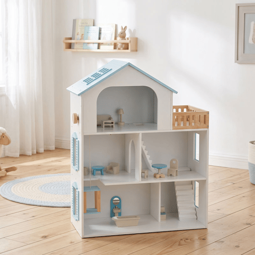 AIYAPLAY Casa de Bonecas de Madeira com 3 Pisos, Elevador e Varanda, 5 Divisões e 13 Móveis, Brinquedo de Imitação para Crianças dos 3 aos 6 Anos, Azul AIYAPLAY Casa de Bonecas de Madeira com 3 Pisos, Elevador e Varanda, 5 Divisões e 13 Móveis, Brinquedo de Imitação para Crianças dos 3 aos 6 Anos, Azul