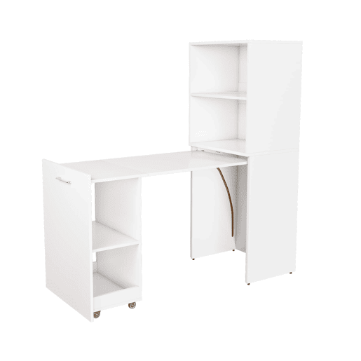 Secretária extensível e dobrável - Armário de arrumação, prateleiras ajustáveis, tampo extensível e sistema anti-capotamento - Branco Secretária extensível e dobrável - Armário de arrumação, prateleiras ajustáveis, tampo extensível e sistema anti-capotamento - Branco