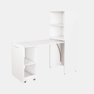 Secretária extensível e dobrável - Armário de arrumação, prateleiras ajustáveis, tampo extensível e sistema anti-capotamento - Branco