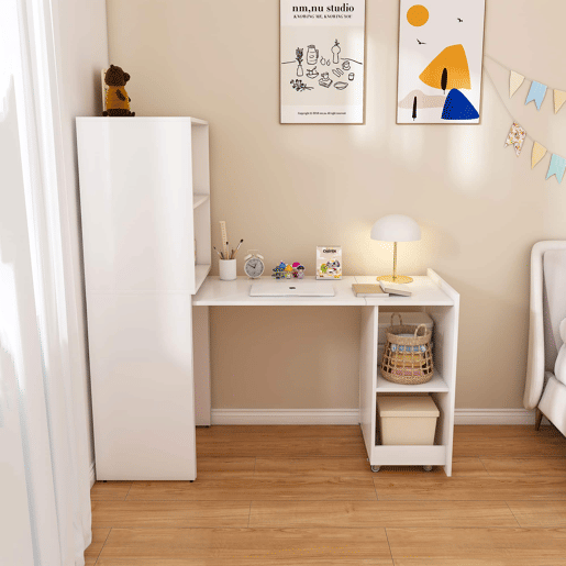 Secretária extensível e dobrável - Armário de arrumação, prateleiras ajustáveis, tampo extensível e sistema anti-capotamento - Branco Secretária extensível e dobrável - Armário de arrumação, prateleiras ajustáveis, tampo extensível e sistema anti-capotamento - Branco