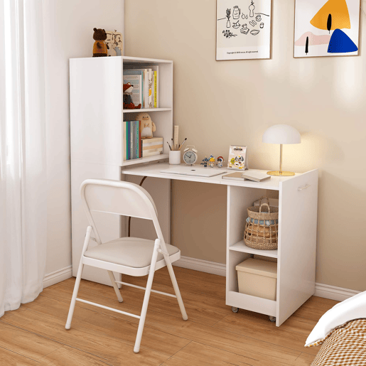 Secretária extensível e dobrável - Armário de arrumação, prateleiras ajustáveis, tampo extensível e sistema anti-capotamento - Branco Secretária extensível e dobrável - Armário de arrumação, prateleiras ajustáveis, tampo extensível e sistema anti-capotamento - Branco