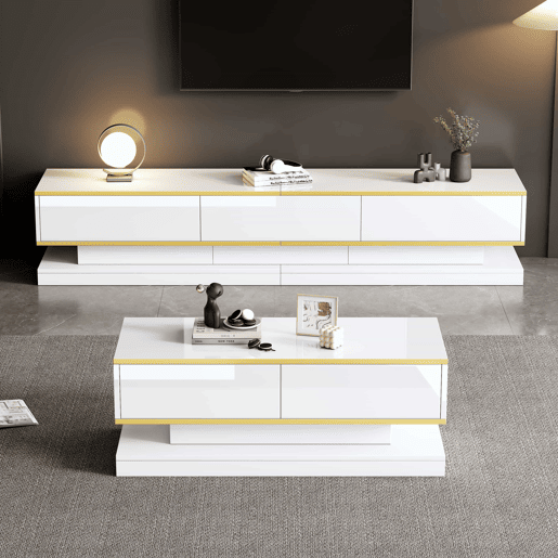 Conjunto de TV e mesa de centro branca brilhante - 3 gavetas na TV e 2 gavetas na mesa de centro com detalhes dourados Conjunto de TV e mesa de centro branca brilhante - 3 gavetas na TV e 2 gavetas na mesa de centro com detalhes dourados
