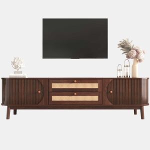 Suporte para TV em madeira maciça e rotim 170 cm - 2 gavetas e 2 portas - estilo rústico - castanho