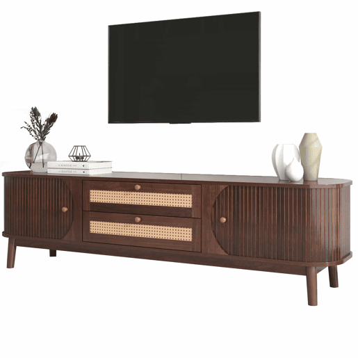 Suporte para TV em madeira maciça e rotim 170 cm - 2 gavetas e 2 portas - estilo rústico - castanho Suporte para TV em madeira maciça e rotim 170 cm - 2 gavetas e 2 portas - estilo rústico - castanho