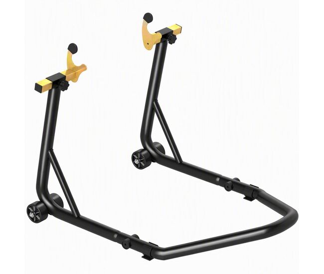 Homcom caballete de moto soporte trasera universal carga 544 kg caballete elevador universal de acero robusta con horquillas en u y l ajustables ruedas y almohadillas antideslizantes para reparación