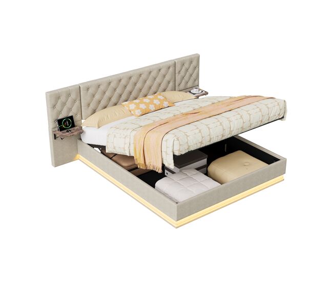 Cama con almacenamiento 140×200 cm tela lino beige, cabecero tapizado, mesitas plegables con carga inalámbrica y USB Tipo-C, LED RGB, elevación hidráulica
