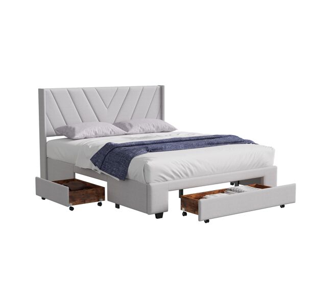 Cama doble queen de 140x200 cm con 3 cajones, somier de láminas, tapizada para adultos, color beige