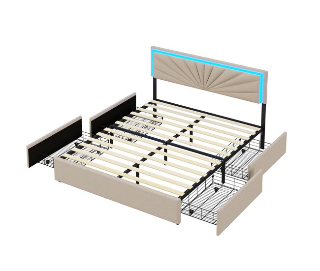Cama doble de 160x200 cm con somier de láminas y 4 cajones, iluminación LED, robusta y estable, color beige