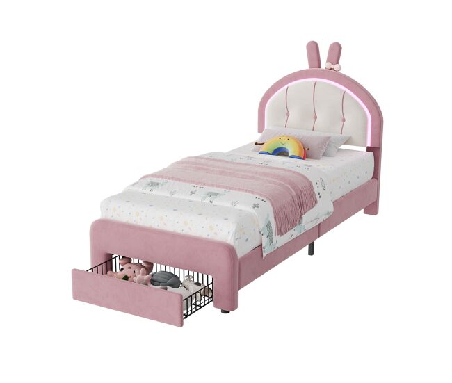 Cama infantil de 90x200 cm en terciopelo rosa, cabecero con forma de conejo, LED RGB, cajón de almacenamiento, somier de láminas, 150 kg
