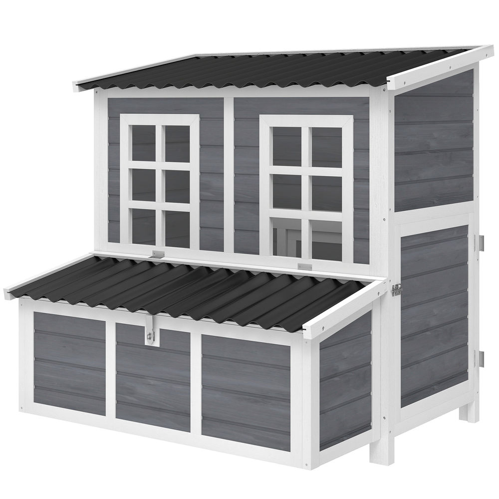 Pawhut gallinero para exterior de madera, 100x86x100 cm, para 2-4 gallinas, gallinero, nido con cierres, bandeja extraíble, techo impermeable, puertas, perchas, conejera, gris claro