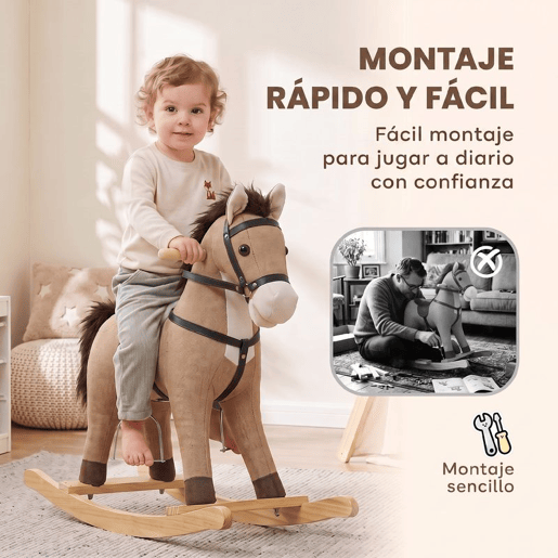 AIYAPLAY Cavalinho de Baloiço para Bebé, com Sons, Pegas de Segurança e Base de Madeira Larga, 12-36 Meses, Castanho-Escuro