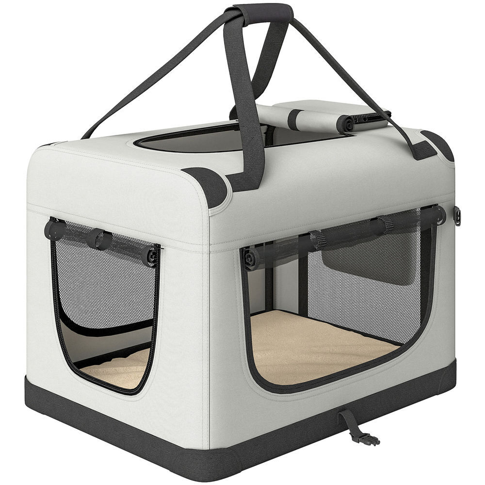 Pawhut transportín para perros gatos plegable, 60x42x44 cm, transportín para mascotas con correa para coche, cojín lavable, cuenco plegable, 2 bolsillos, para perros pequeños, gris claro