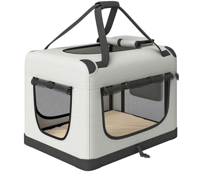 Pawhut transportín para perros gatos plegable, 60x42x44 cm, transportín para mascotas con correa para coche, cojín lavable, cuenco plegable, 2 bolsillos, para perros pequeños, gris claro