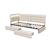 Cama de 90x200 cm em linho bege, cabeceira em forma de L com LED RGB, USB-C, 2 gavetas na parte inferior, montagem à esquerda ou à direita