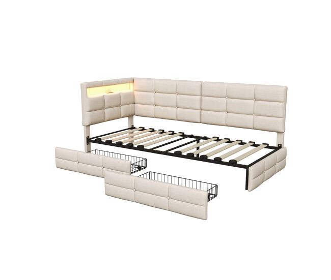 Cama con cabecero L LED RGB, USB-C y 2 cajones 94x210