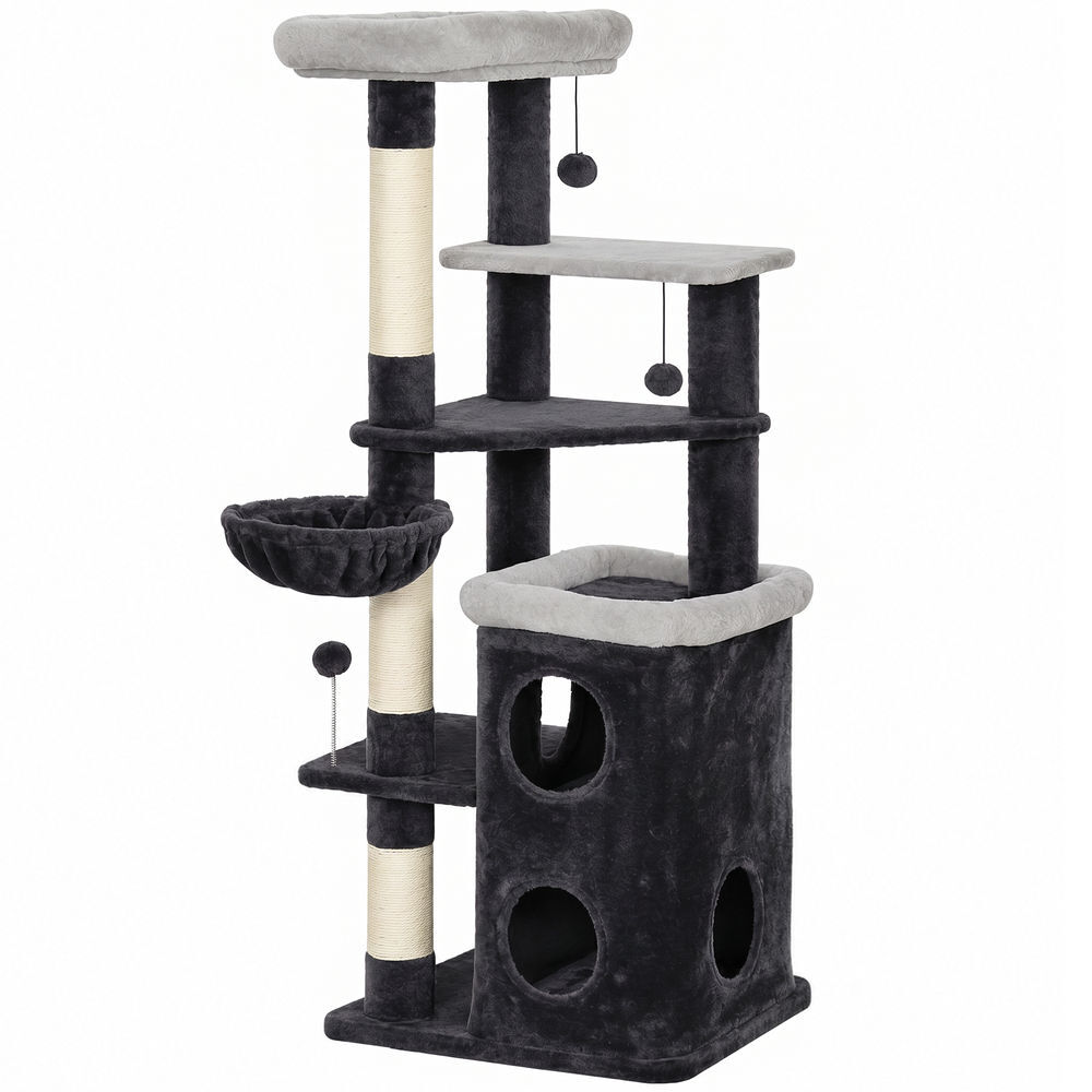 Pawhut árbol rascador para gatos 148 cm con caseta de 2 niveles, torre multinivel con 2 camas, hamaca, postes de sisal, 3 bolas colgantes, tela de felpa, para 1-2 gatos, gris oscuro