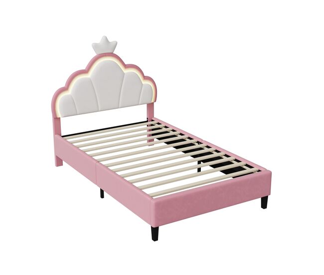 Cama princesa tapizada de 90x200 cm, cabecero ajustable en forma de corona y luces LED, color rosa