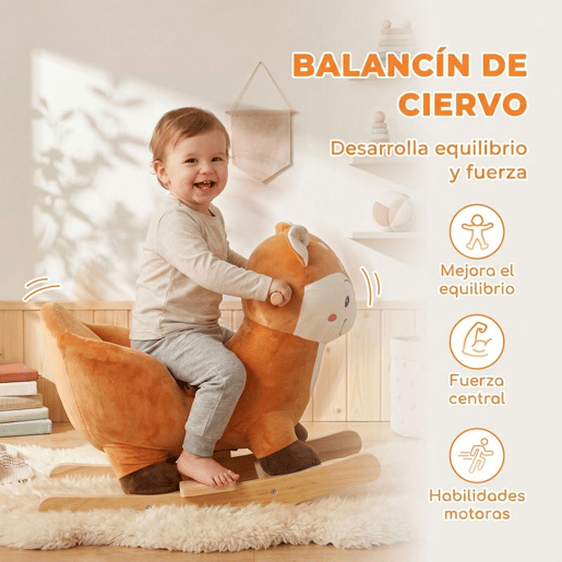 AIYAPLAY Cavalo de Baloiço para Bebés em Forma de Veado com Sons, Cinto de Segurança e Base Larga, 12-36 Meses, Castanho-Escuro