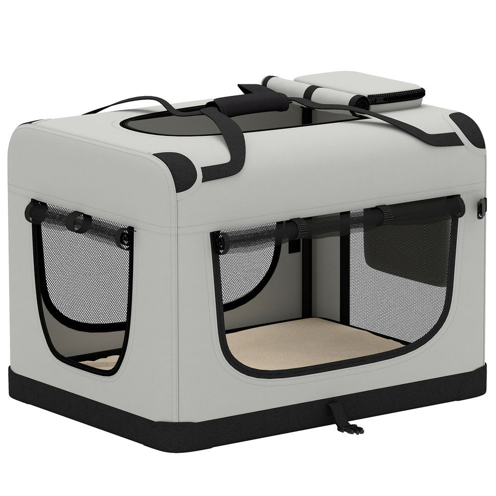 Pawhut transportín para perros gatos plegable, 70x52x50 cm, transportín para mascotas con correa para coche, cojín lavable, cuenco plegable, 2 bolsillos, para perros pequeños y medianos, gris claro