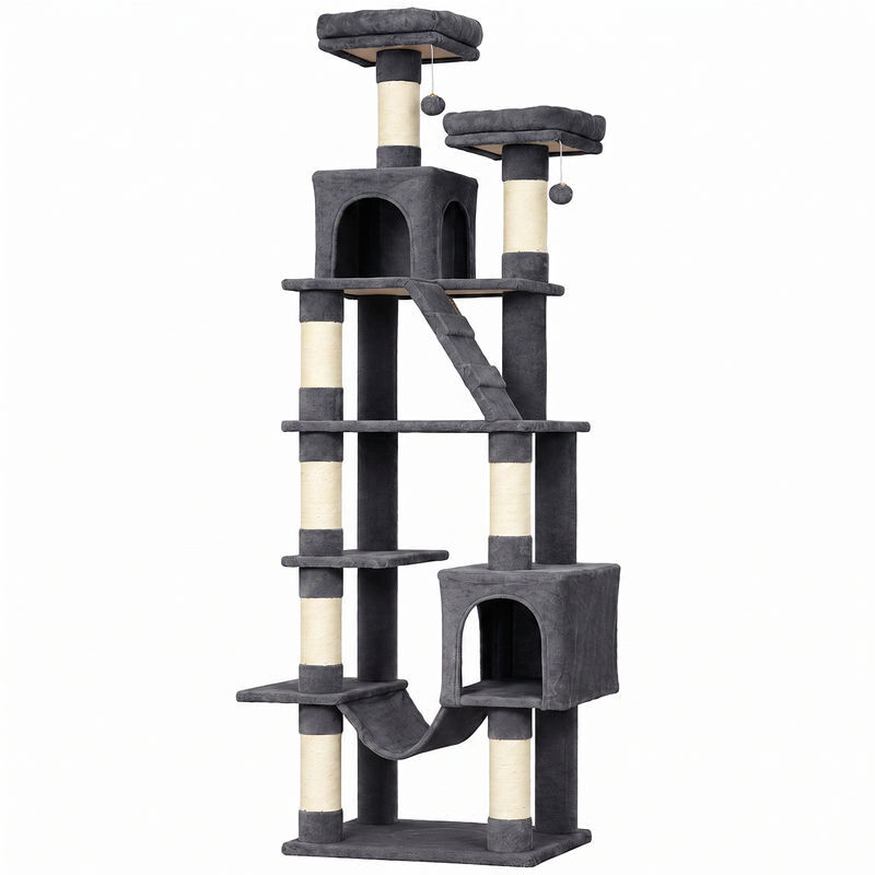 Pawhut árbol rascador para gatos 204 cm, torre para gatos multinivel con 2 cuevas, 2 camas, hamaca, postes de sisal, escalera, 2 bolas colgantes, tela de felpa, para 1-3, gris oscuro
