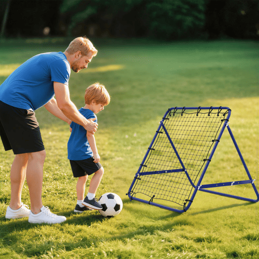HOMCOM Rede de Ressalto para Futebol com Ângulo Ajustável e 20 Cordas Elásticas, Estrutura Metálica, 96x80x96 cm, Azul