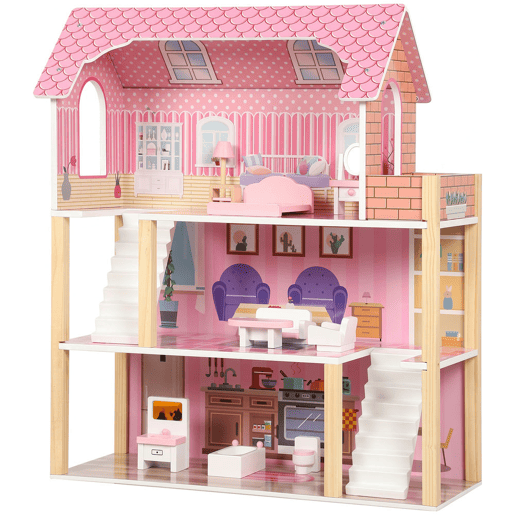 AIYAPLAY Casa de Bonecas de Madeira com 3 Andares, Varanda, Escadas e 10 Móveis, Rosa, para Crianças 3-6 Anos AIYAPLAY Casa de Bonecas de Madeira com 3 Andares, Varanda, Escadas e 10 Móveis, Rosa, para Crianças 3-6 Anos