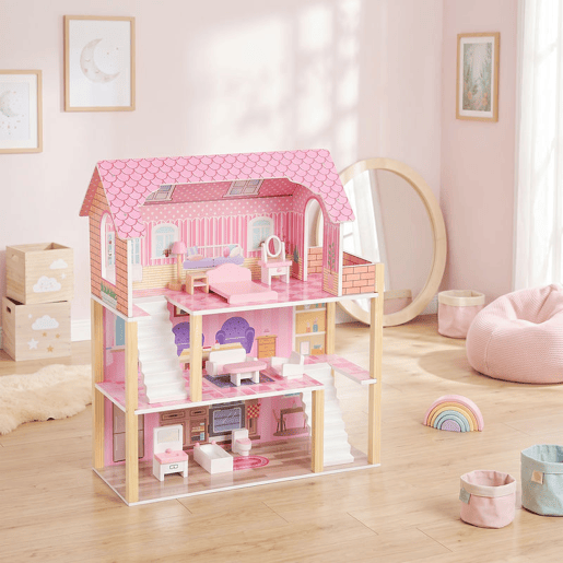 AIYAPLAY Casa de Bonecas de Madeira com 3 Andares, Varanda, Escadas e 10 Móveis, Rosa, para Crianças 3-6 Anos AIYAPLAY Casa de Bonecas de Madeira com 3 Andares, Varanda, Escadas e 10 Móveis, Rosa, para Crianças 3-6 Anos