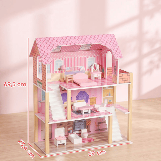 AIYAPLAY Casa de Bonecas de Madeira com 3 Andares, Varanda, Escadas e 10 Móveis, Rosa, para Crianças 3-6 Anos AIYAPLAY Casa de Bonecas de Madeira com 3 Andares, Varanda, Escadas e 10 Móveis, Rosa, para Crianças 3-6 Anos