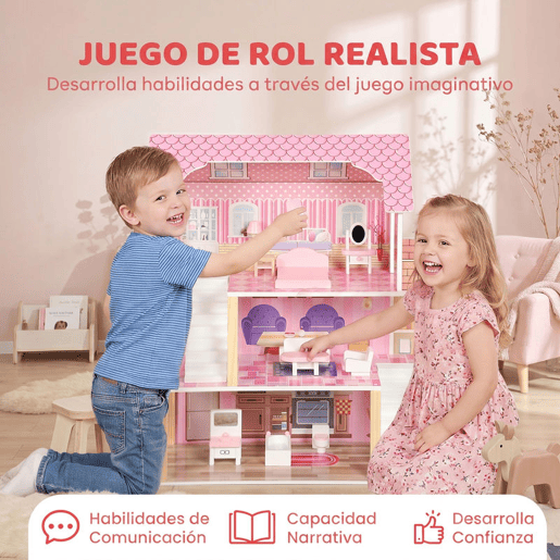 AIYAPLAY Casa de Bonecas de Madeira com 3 Andares, Varanda, Escadas e 10 Móveis, Rosa, para Crianças 3-6 Anos AIYAPLAY Casa de Bonecas de Madeira com 3 Andares, Varanda, Escadas e 10 Móveis, Rosa, para Crianças 3-6 Anos