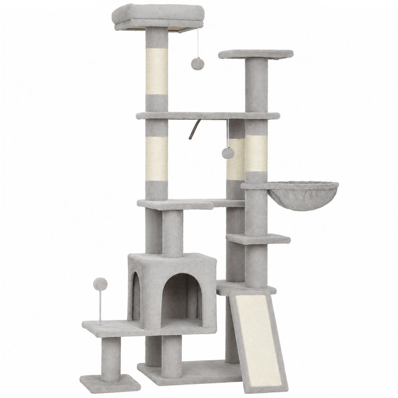 Pawhut árbol rascador para gatos 152 cm, torre para gatos multinivel con cueva, hamaca, cama, 4 postes de sisal, escalera rascadora, 3 bolas colgantes, tela de felpa, para 1-2, gris claro