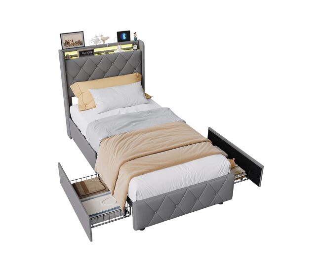 Cama con 2 cajones, USB, LED y somier 95x212
