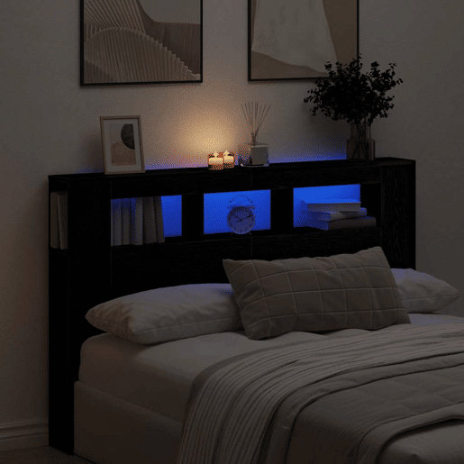 Cabeceira para cama de casal moderna LED Carvalho Preto 160 x 18,5 x 103,5 cm